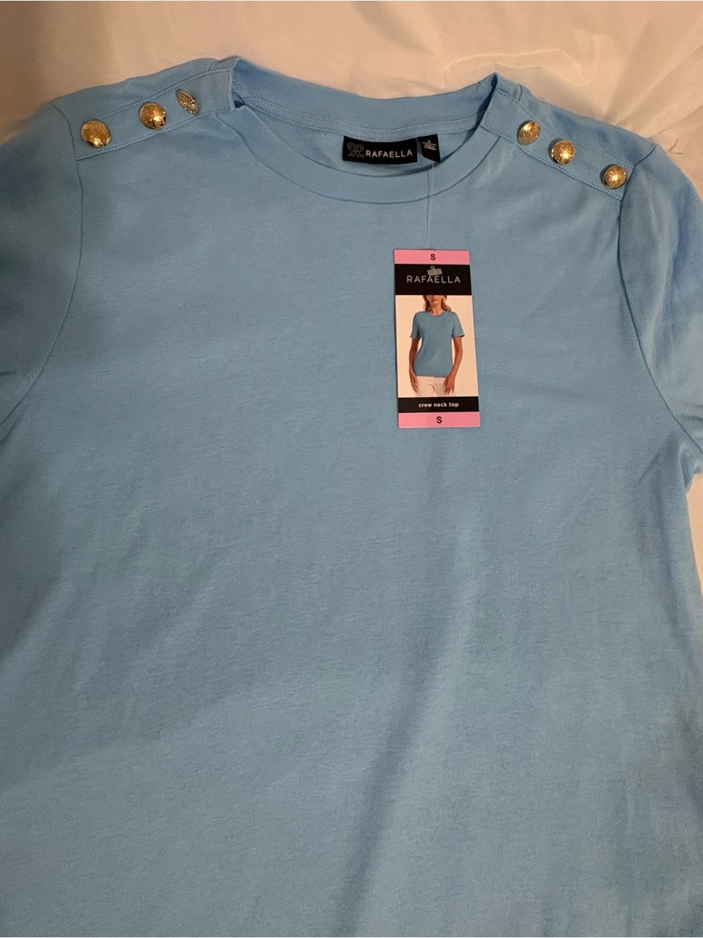 Rafaella Sky Blue Crewneck Top with Gold Shoulder Buttons